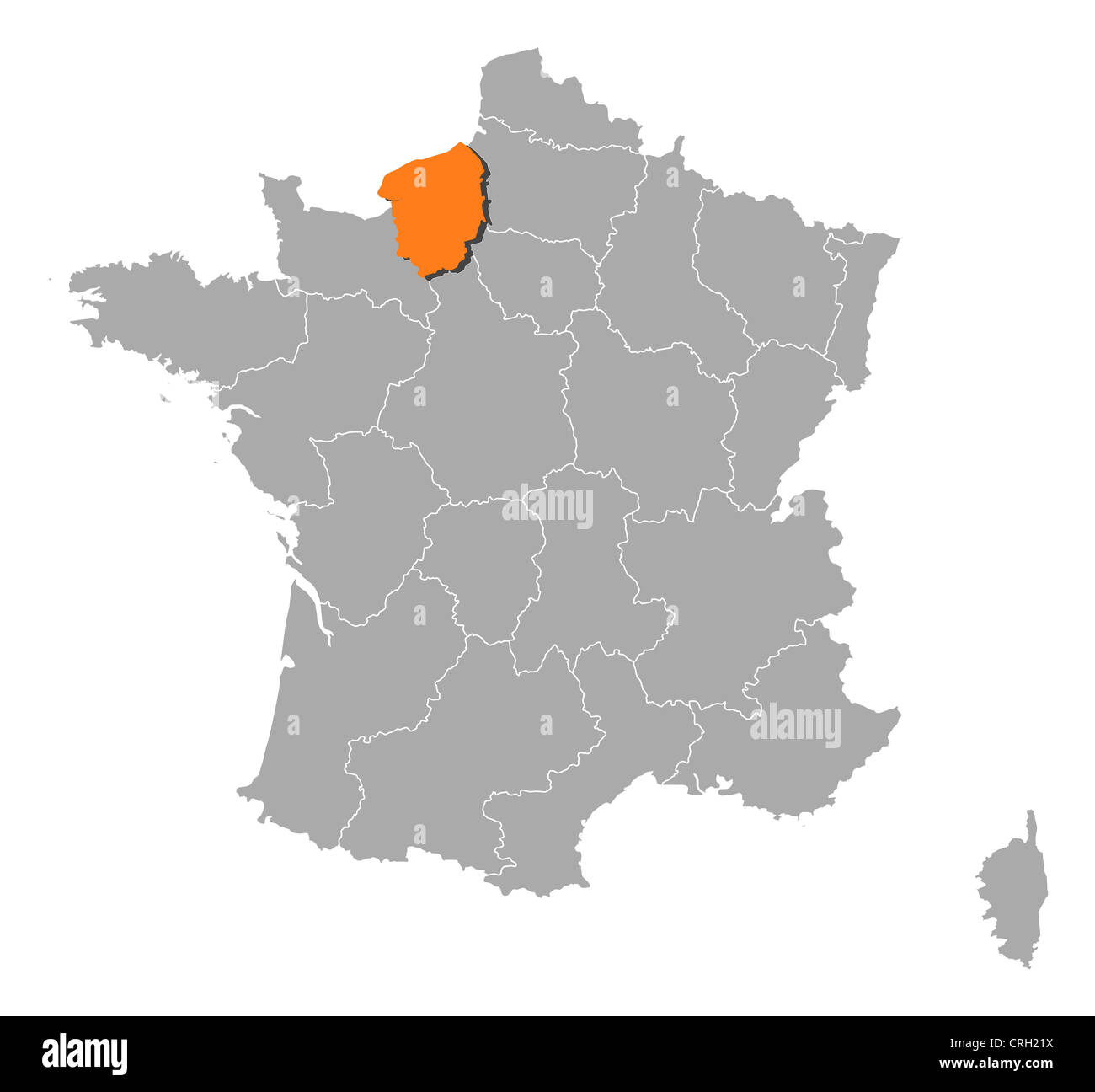 Politische Karte von Frankreich mit mehreren Regionen wo Haute-Normandie markiert ist. Stockfoto