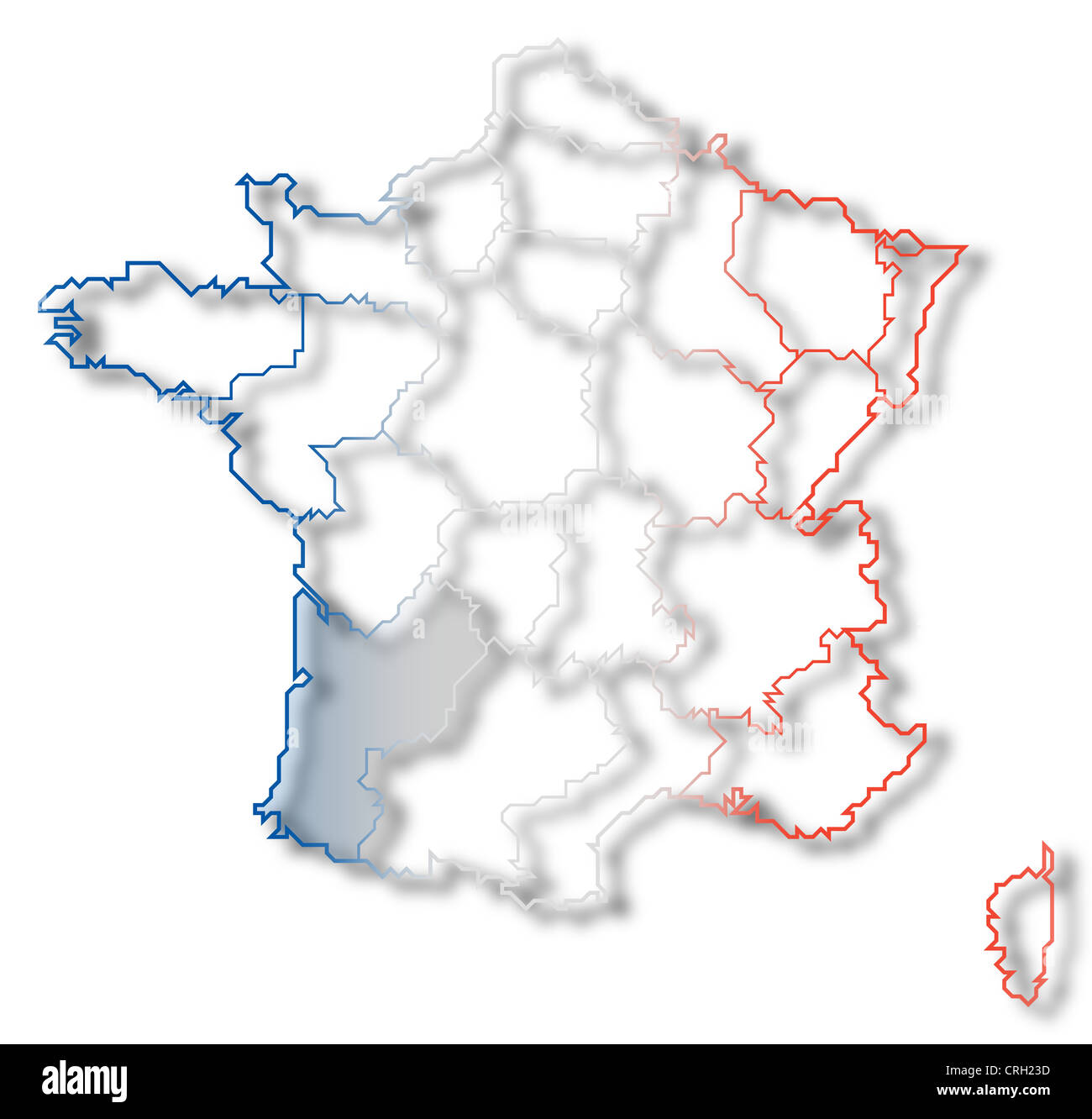 Politische Karte von Frankreich mit mehreren Regionen wo Aquitaine markiert ist. Stockfoto