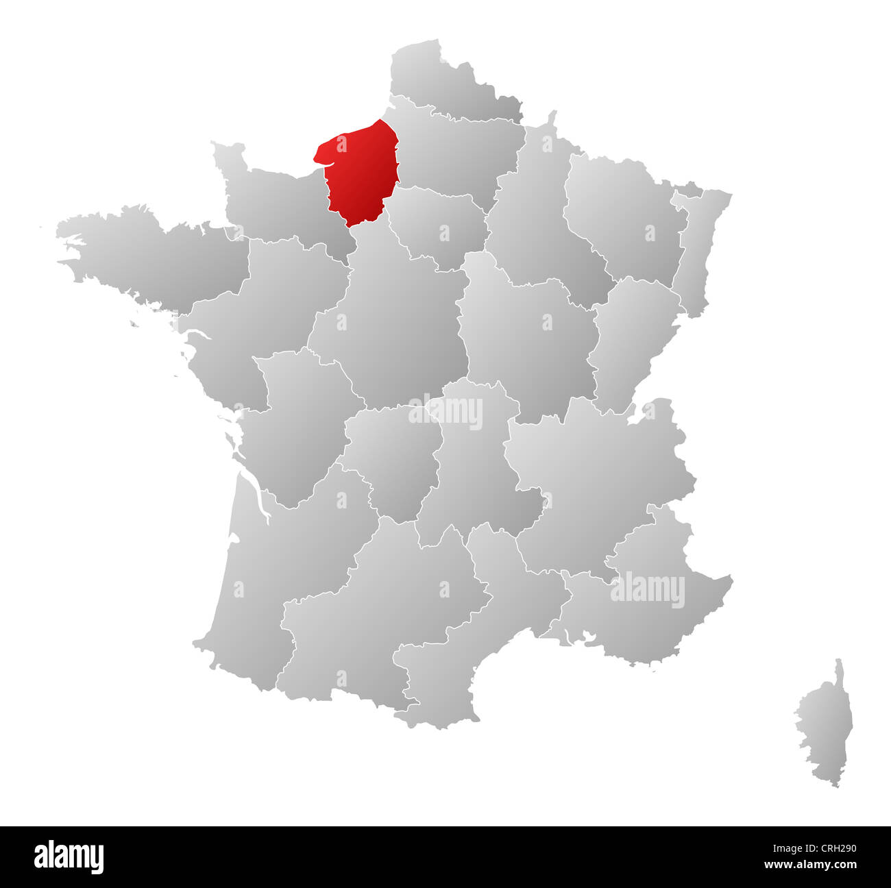 Politische Karte von Frankreich mit mehreren Regionen wo Haute-Normandie markiert ist. Stockfoto