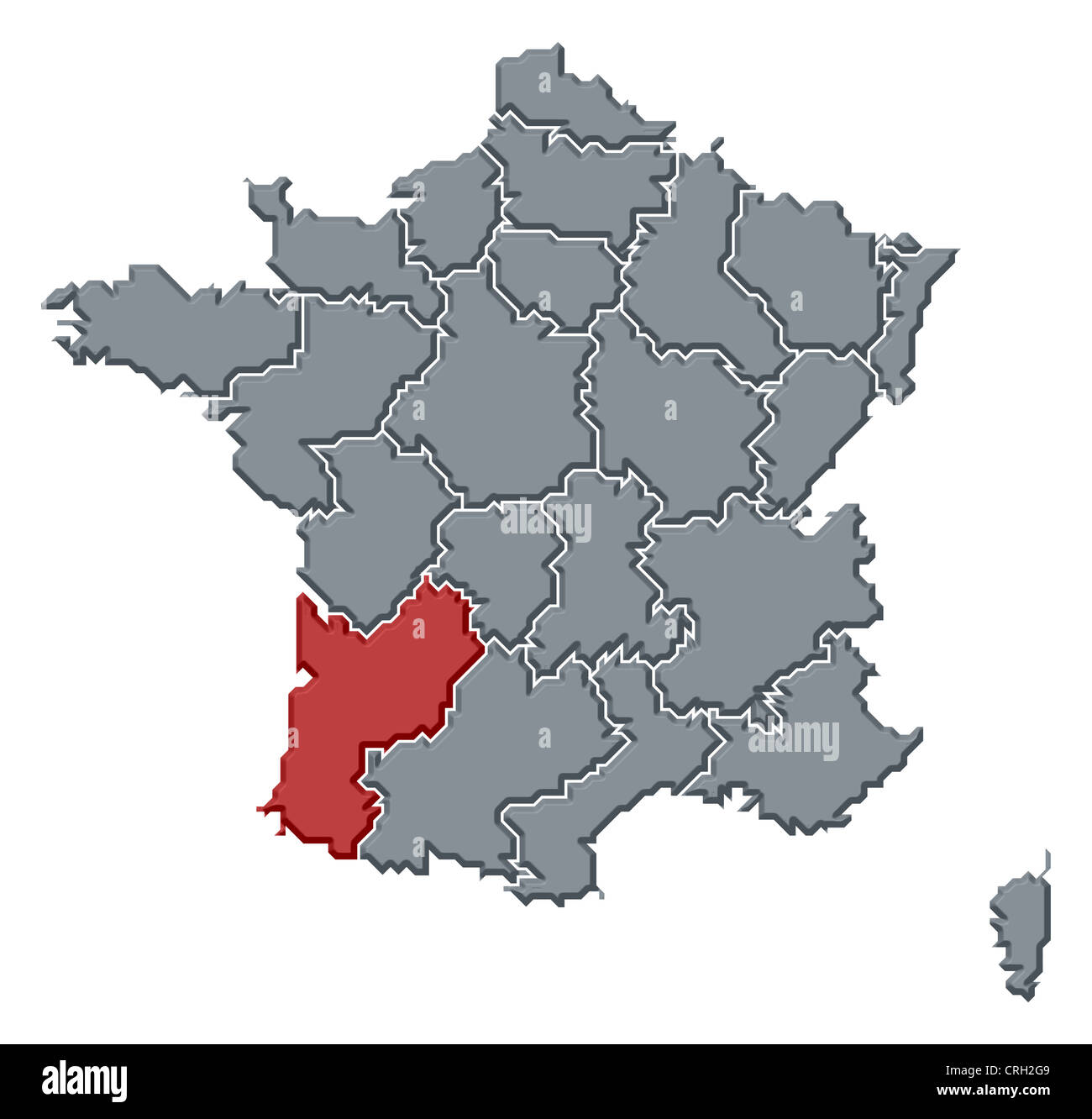Politische Karte von Frankreich mit mehreren Regionen wo Aquitaine markiert ist. Stockfoto