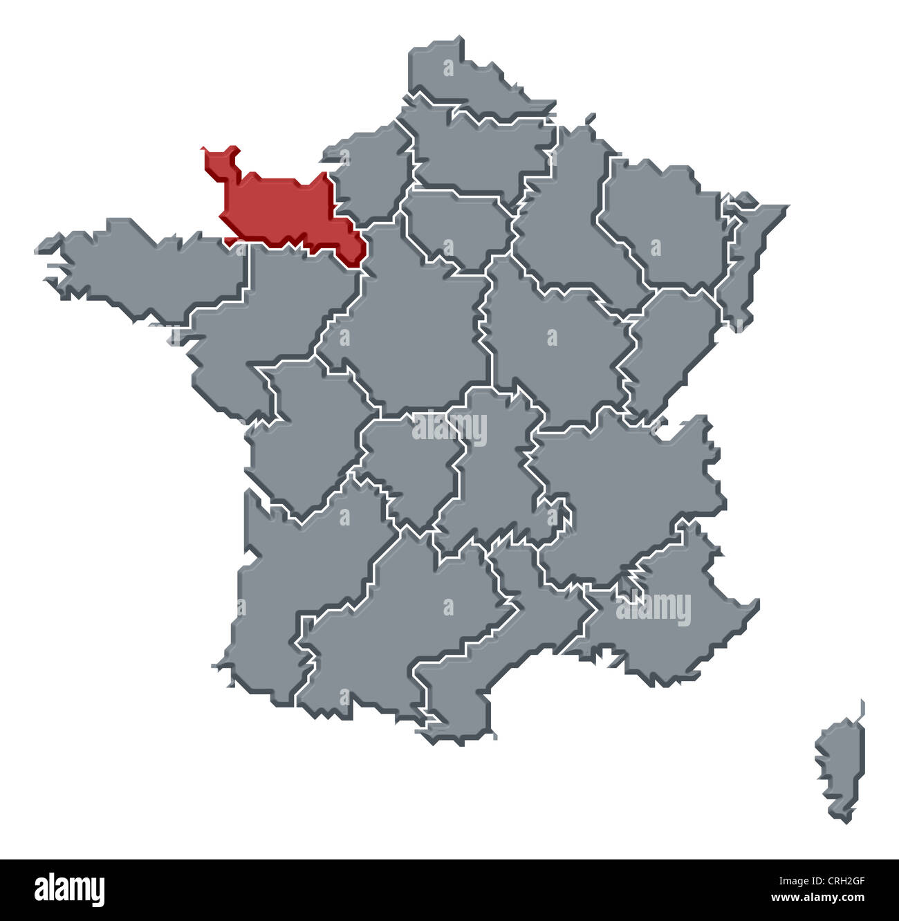 Politische Karte von Frankreich mit mehreren Regionen Basse-Normandie wo markiert ist. Stockfoto