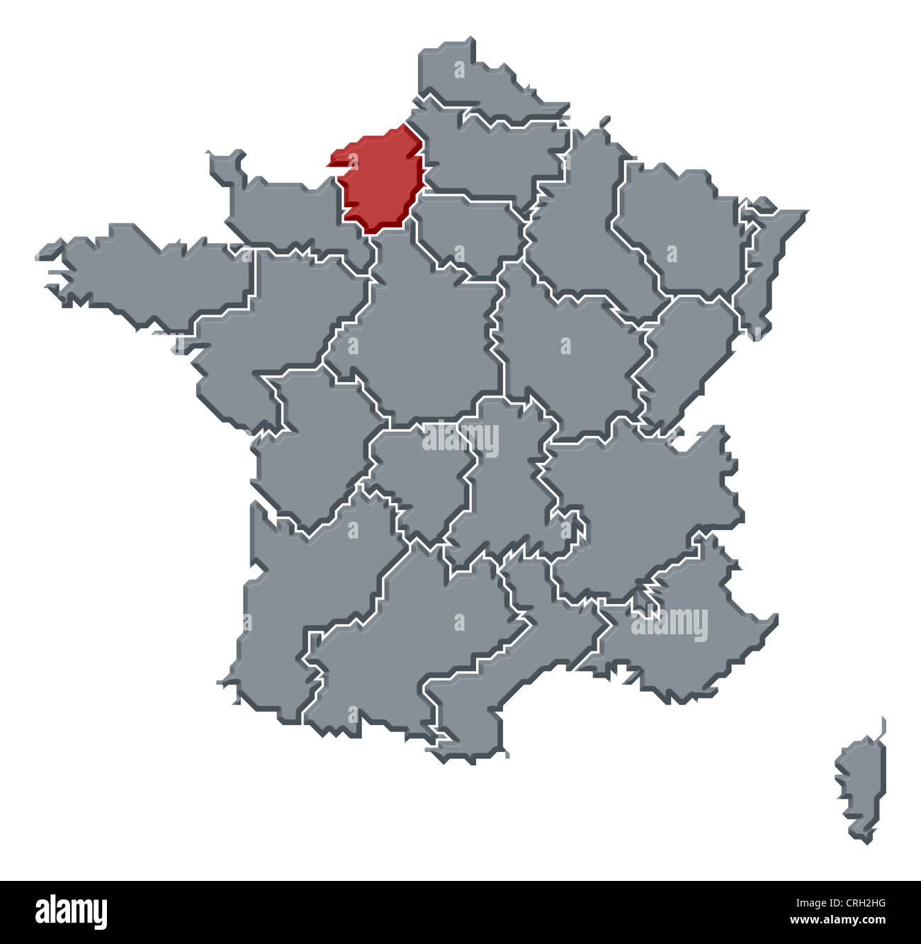 Politische Karte von Frankreich mit mehreren Regionen wo Haute-Normandie markiert ist. Stockfoto