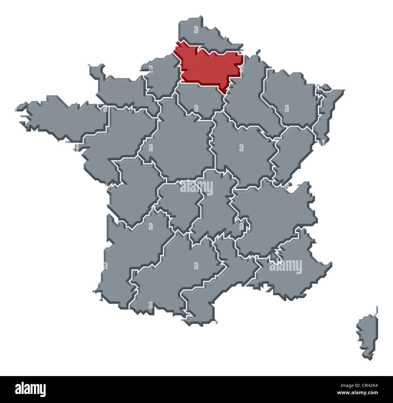 Politische Karte von Frankreich mit mehreren Regionen wo Picardie markiert ist. Stockfoto