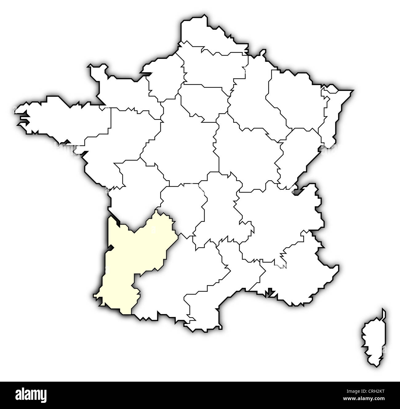 Politische Karte von Frankreich mit mehreren Regionen wo Aquitaine markiert ist. Stockfoto