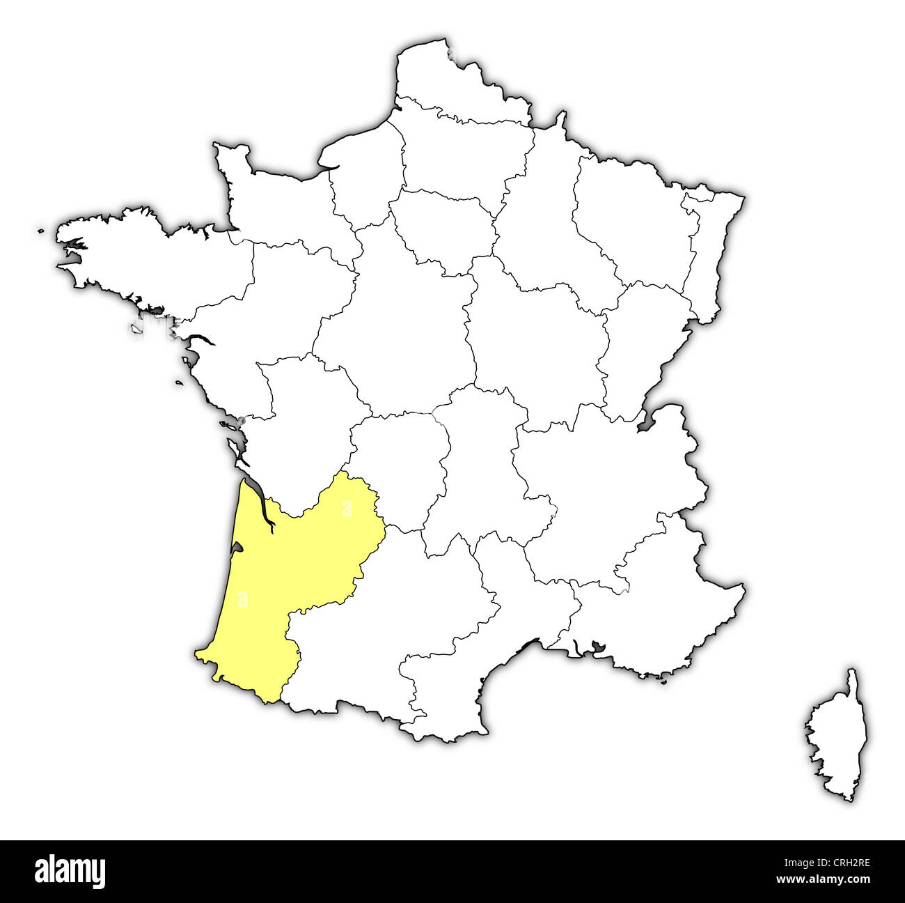 Politische Karte von Frankreich mit mehreren Regionen wo Aquitaine markiert ist. Stockfoto
