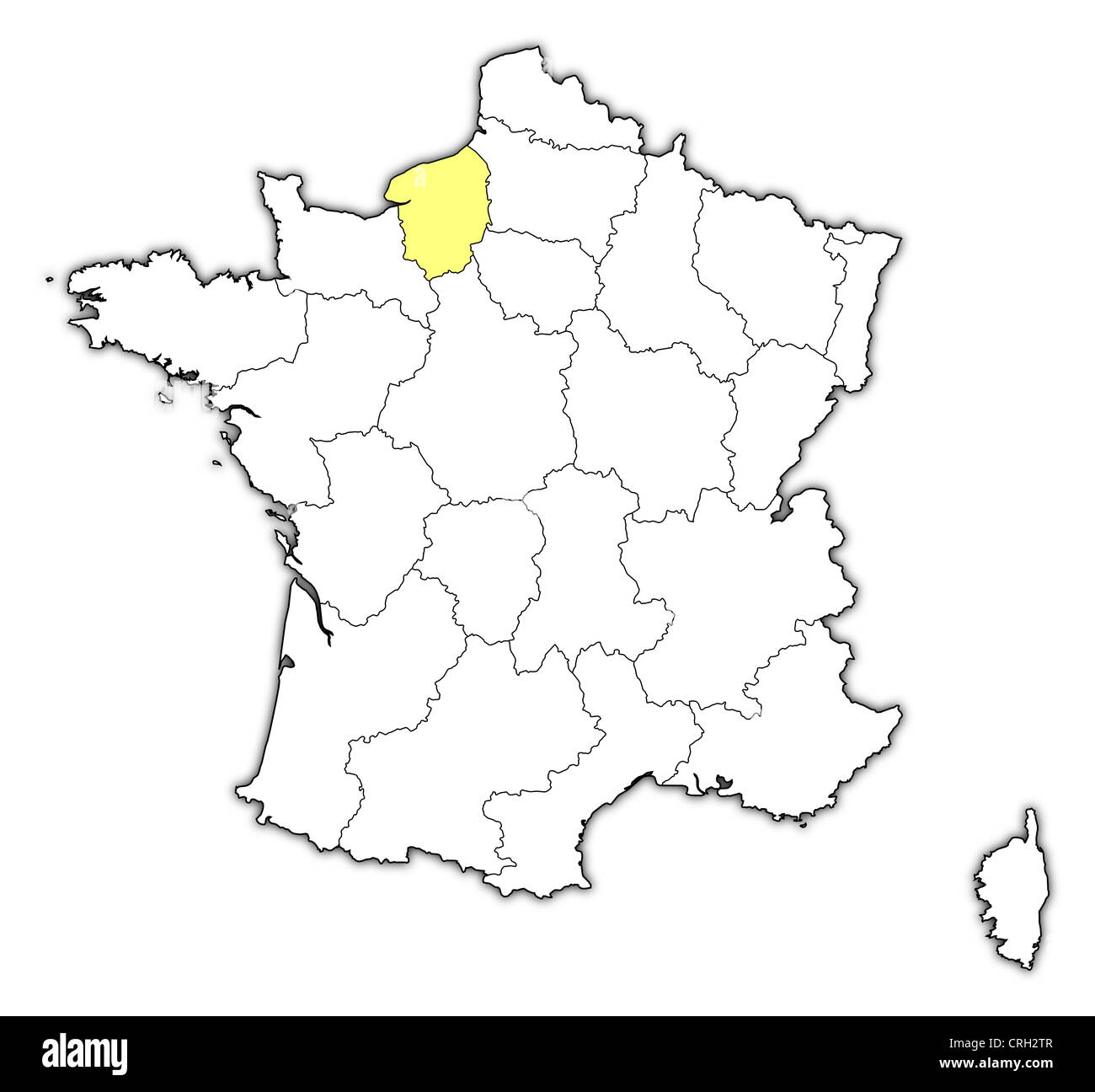 Politische Karte von Frankreich mit mehreren Regionen wo Haute-Normandie markiert ist. Stockfoto