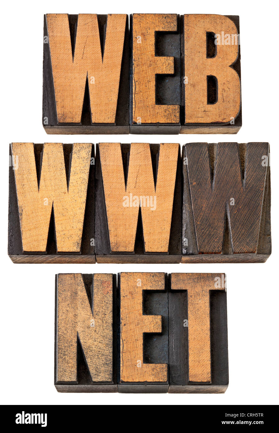 Web, Www, net - Internet-Konzept - isolierten Text in Vintage Buchdruck Holzart Stockfoto