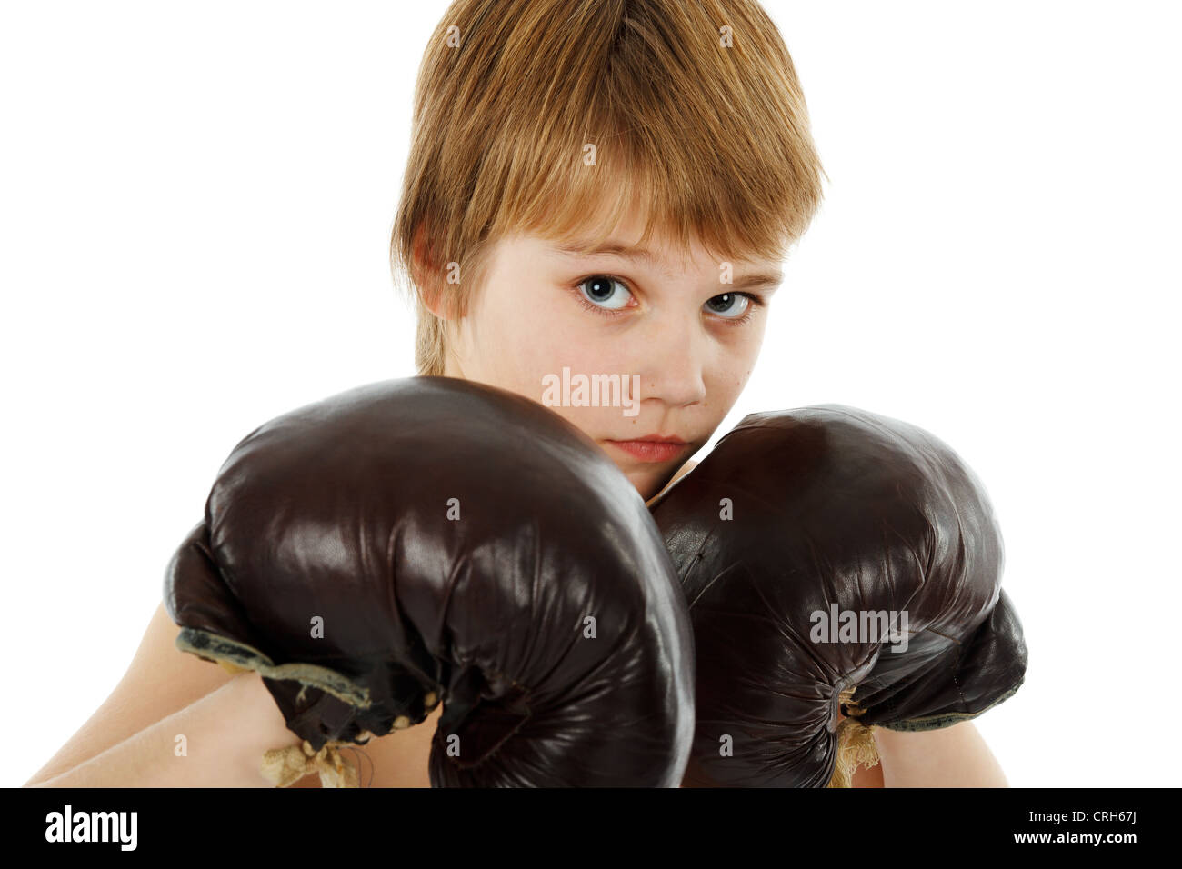 Junge junge Boxer mit Boxhandschuhen auf weiß Stockfoto
