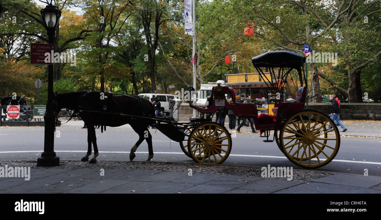 Herbstliche Bäume anzeigen Kutsche stehen am Straßenrand, Doris C.Freedman Plaza Drive East, Central Park South, New York Stockfoto