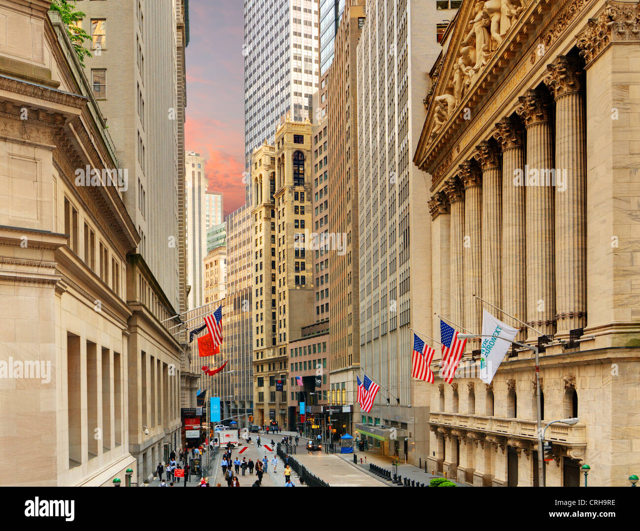Wall Street und der New Yorker Börse in New York City. Stockfoto