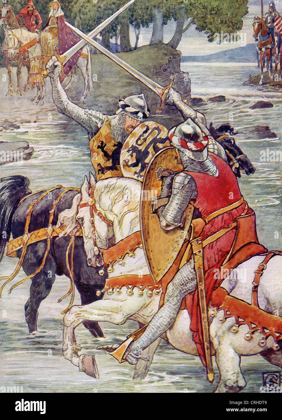 Beaumains (Sir Gareth) gewinnt den Kampf gegen den grünen Ritter an der Furt. Stockfoto