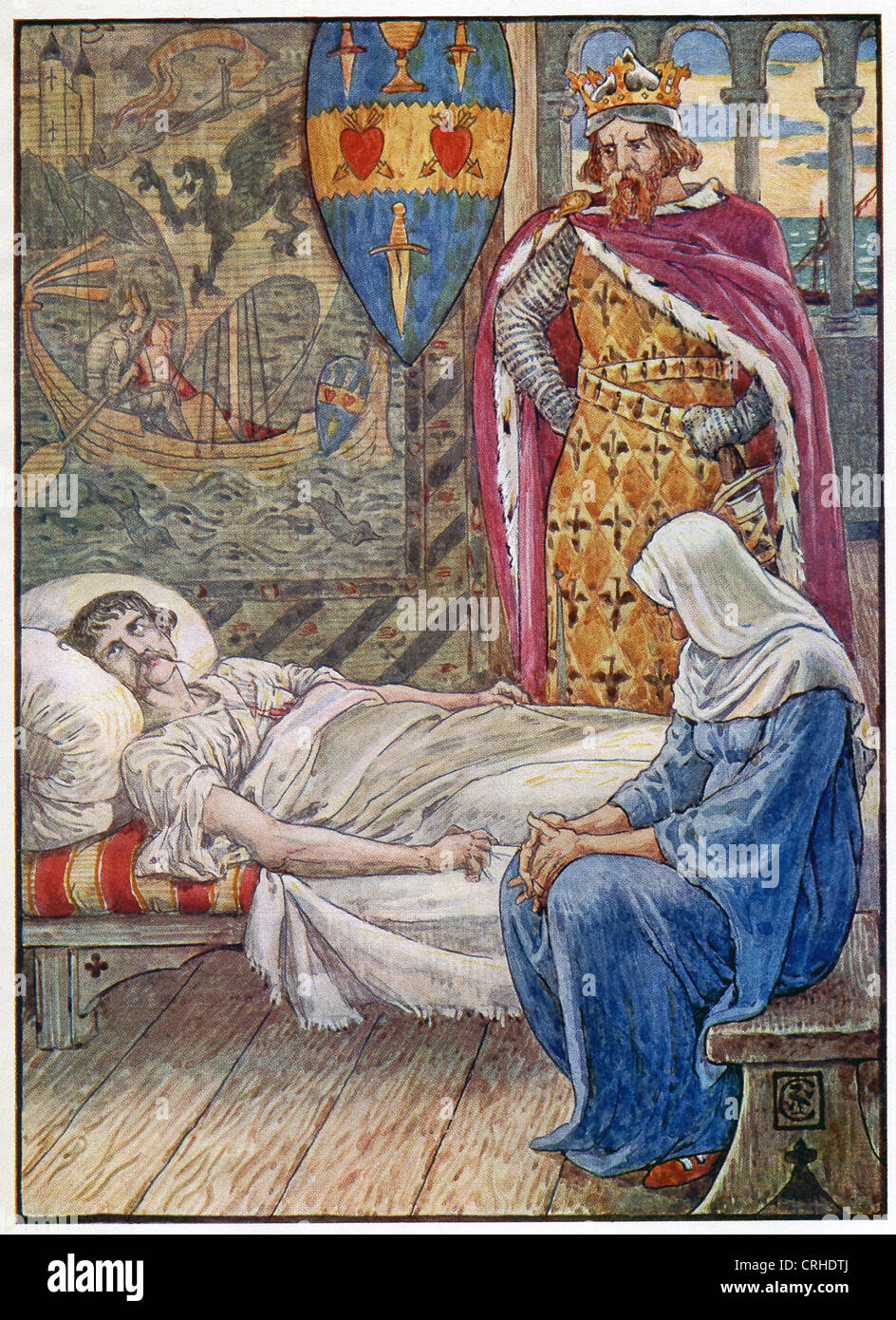 Eine Hexe wird beraten, wie die verwundeten Tristan behandeln Ove mit Isolde gefallenen eingebracht. Stockfoto
