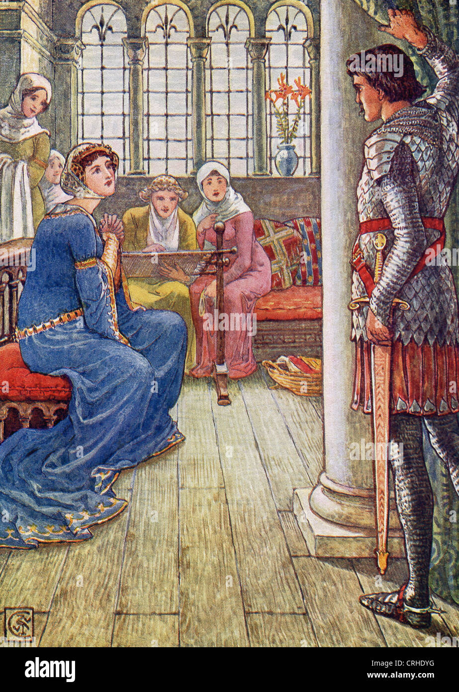 Diese 1911 Illustration von Walter Crane zeigt Sir Owen, ein Ritter von König Arthurs Tafelrunde, Gruß an die Dame des Brunnens. Stockfoto