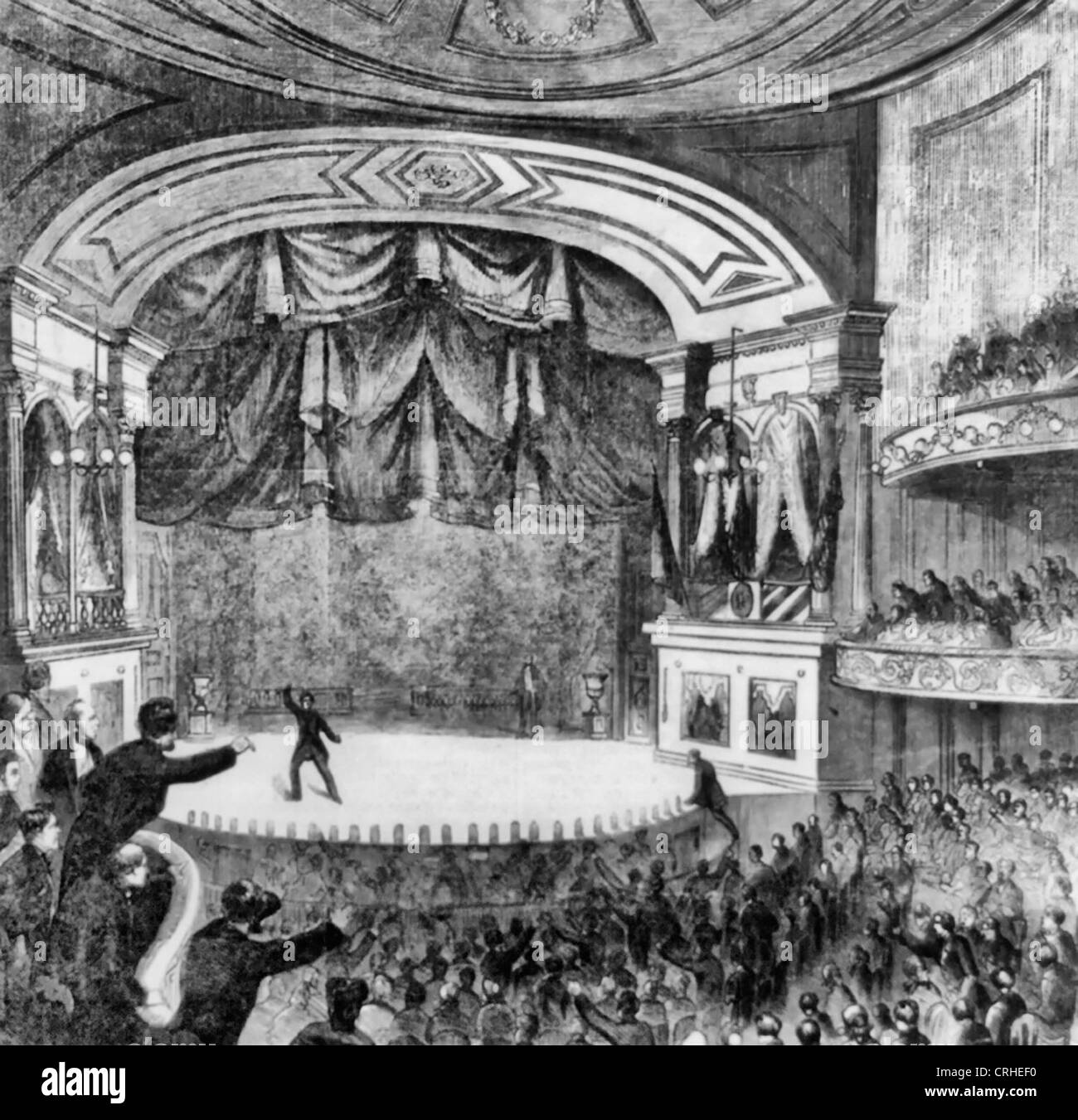 Ermordung von Präsident Lincoln; Der Attentäter Rückzug über die Bühne und Mr. Stewart Klettern darauf, ihn zu verfolgen; Erscheinungsbild des Ford Theater in Washington, D.C. nach dem Mord, 1865 Stockfoto
