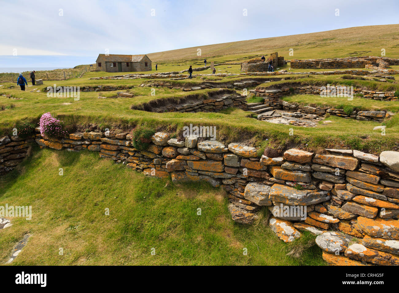 Überreste von Norse Langhäusern im 10. Jahrhundert Siedlung ausgegraben auf dem Brough of Birsay Orkney-Inseln Schottland UK Britain Stockfoto