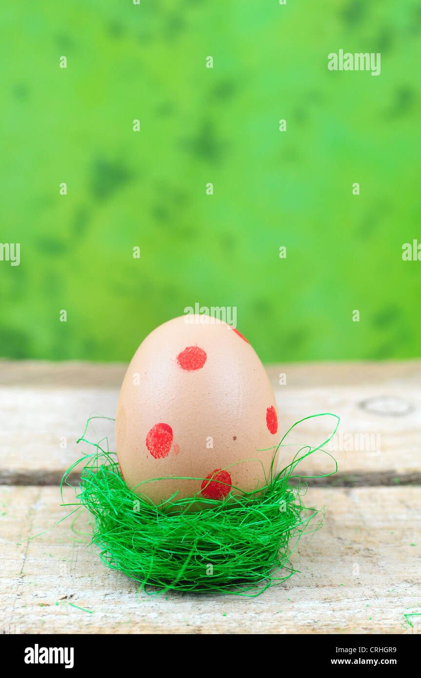Osterei mit roten Punkten im Nest auf grünem Hintergrund Stockfoto