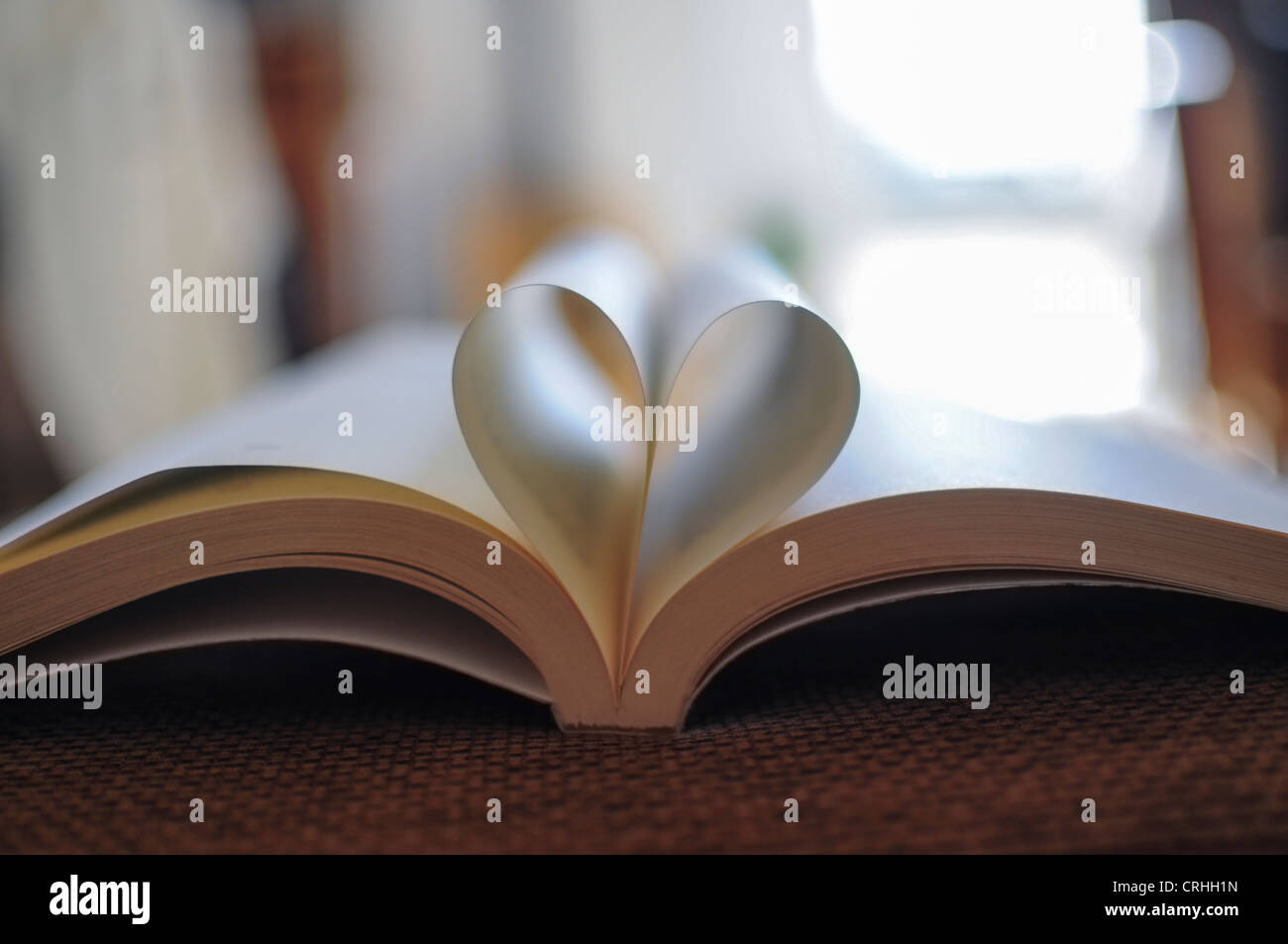 Buchseiten gebogen in Form eines Herzens Stockfoto