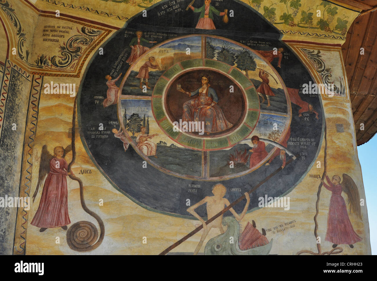 Fresco-das Rad des Lebens von Zachary Zograf, Preobraschenskij Kloster, Bulgarien Stockfoto