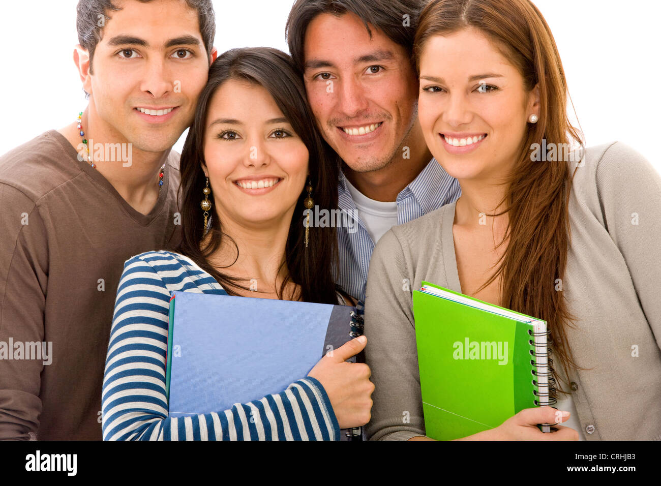 lächelnde Studentengruppe mit bunten notebooks Stockfoto