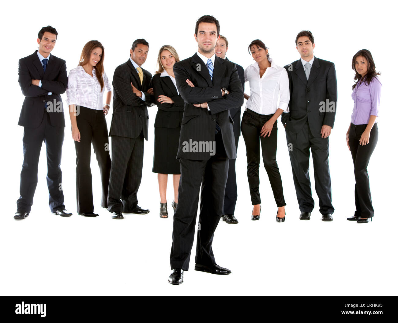 junge selbstbewusste Geschäftsmann stand vor seinem team Stockfoto