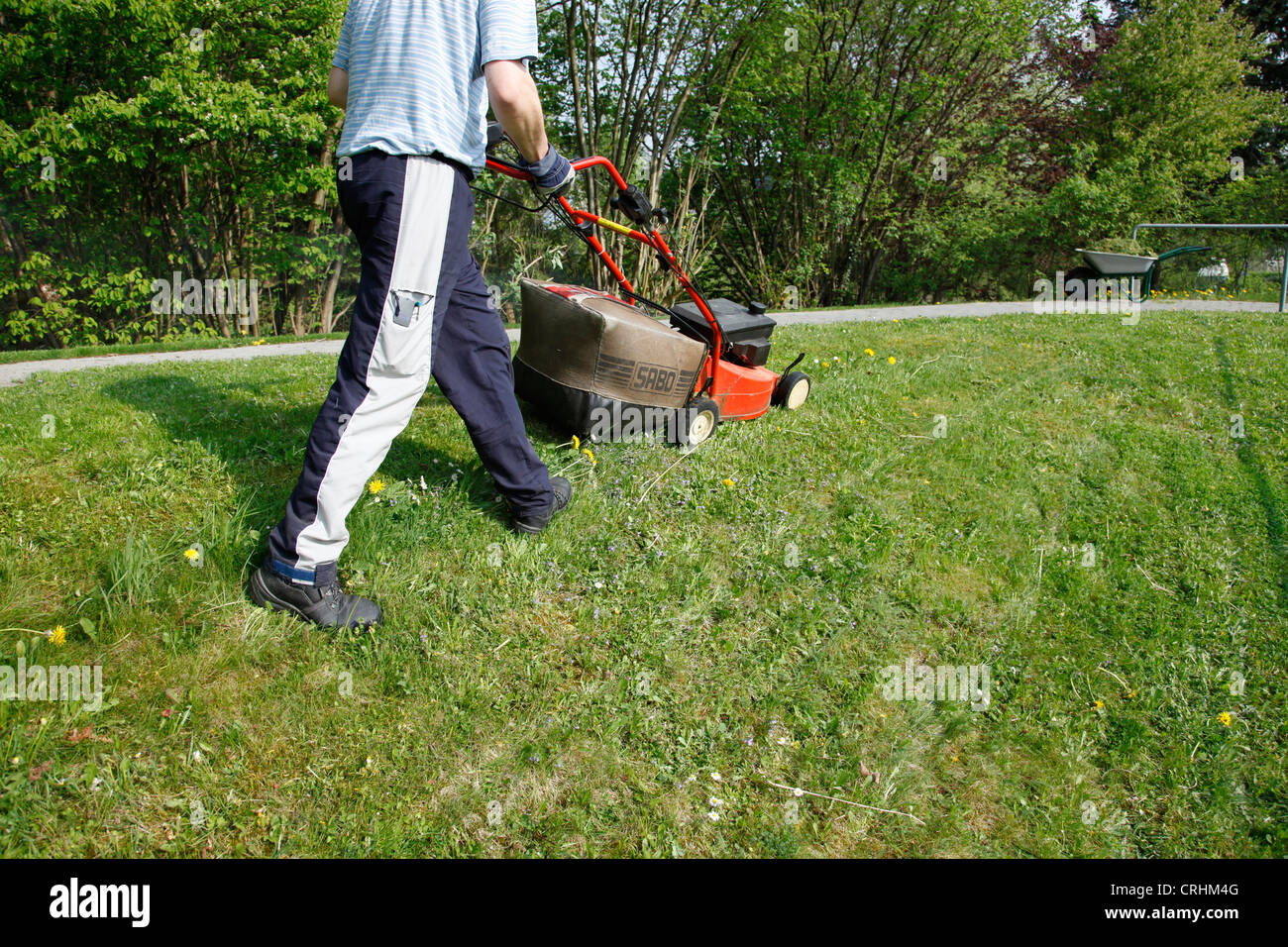 Gärtner mit Power Mäher, Deutschland Stockfotografie Alamy