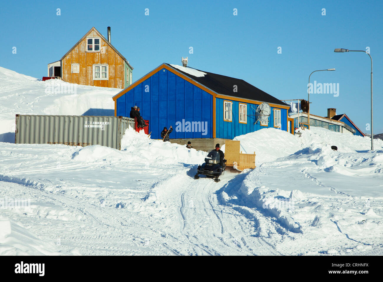 Ansicht von Ittoqqortoormiit, Grönland, Ostgroenland, Tunu, Kalaallit Nunaat, Scoresbysund, Kangertittivag, Ittoqqortoormiit Stockfoto