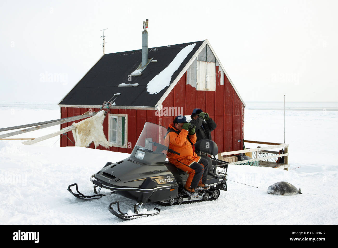 zwei Inuit sitzt auf einem Schneemobil auf der Suche nach Dichtungen, Grönland, Ostgroenland, Tunu, Kalaallit Nunaat, Scoresbysund, Kangertittivag, Kap Tobin, Ittoqqortoormiit Stockfoto