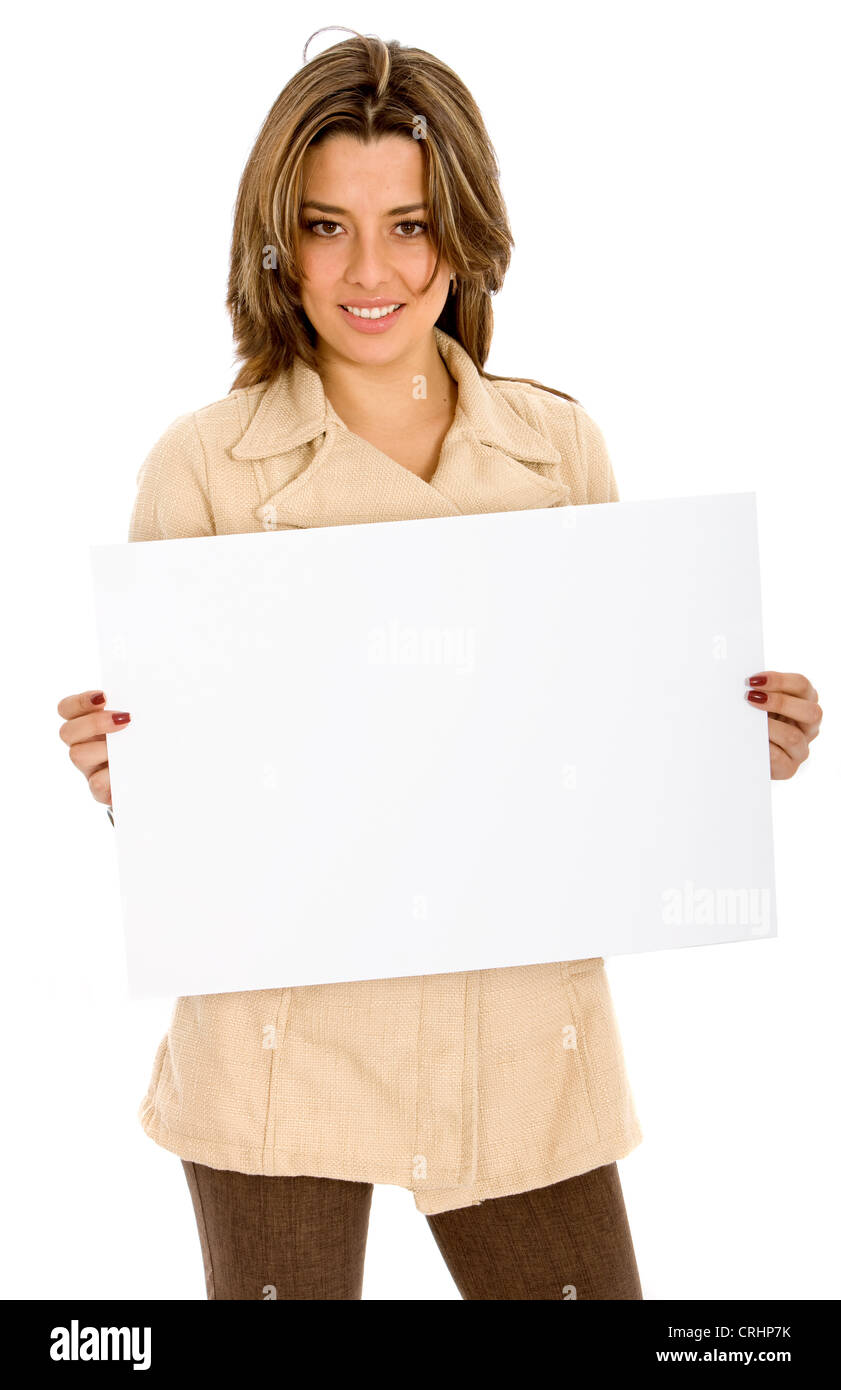 junge Geschäftsfrau lächelnd und hielt eine weiße Tafel Stockfoto