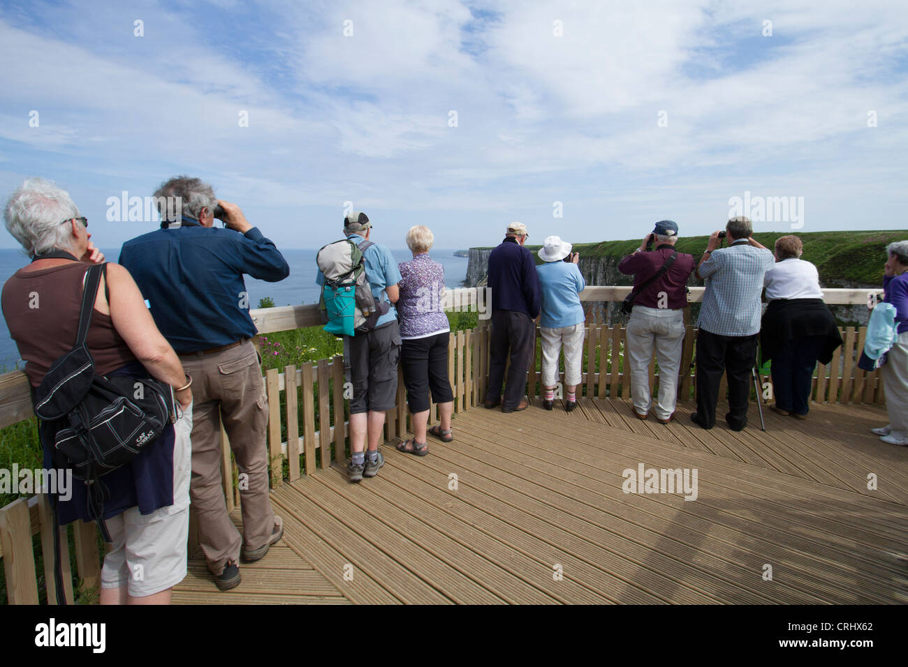Vogelbeobachter auf Aussichtsplattformen in Bempton Cliffs, Yorkshire. Stockfoto