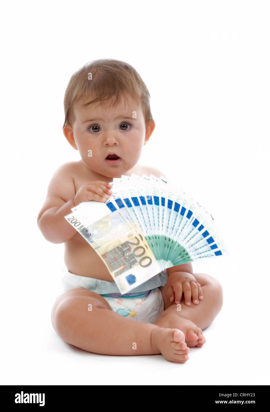 Baby mit Geld, als Symbol für Kindergeld Stockfoto