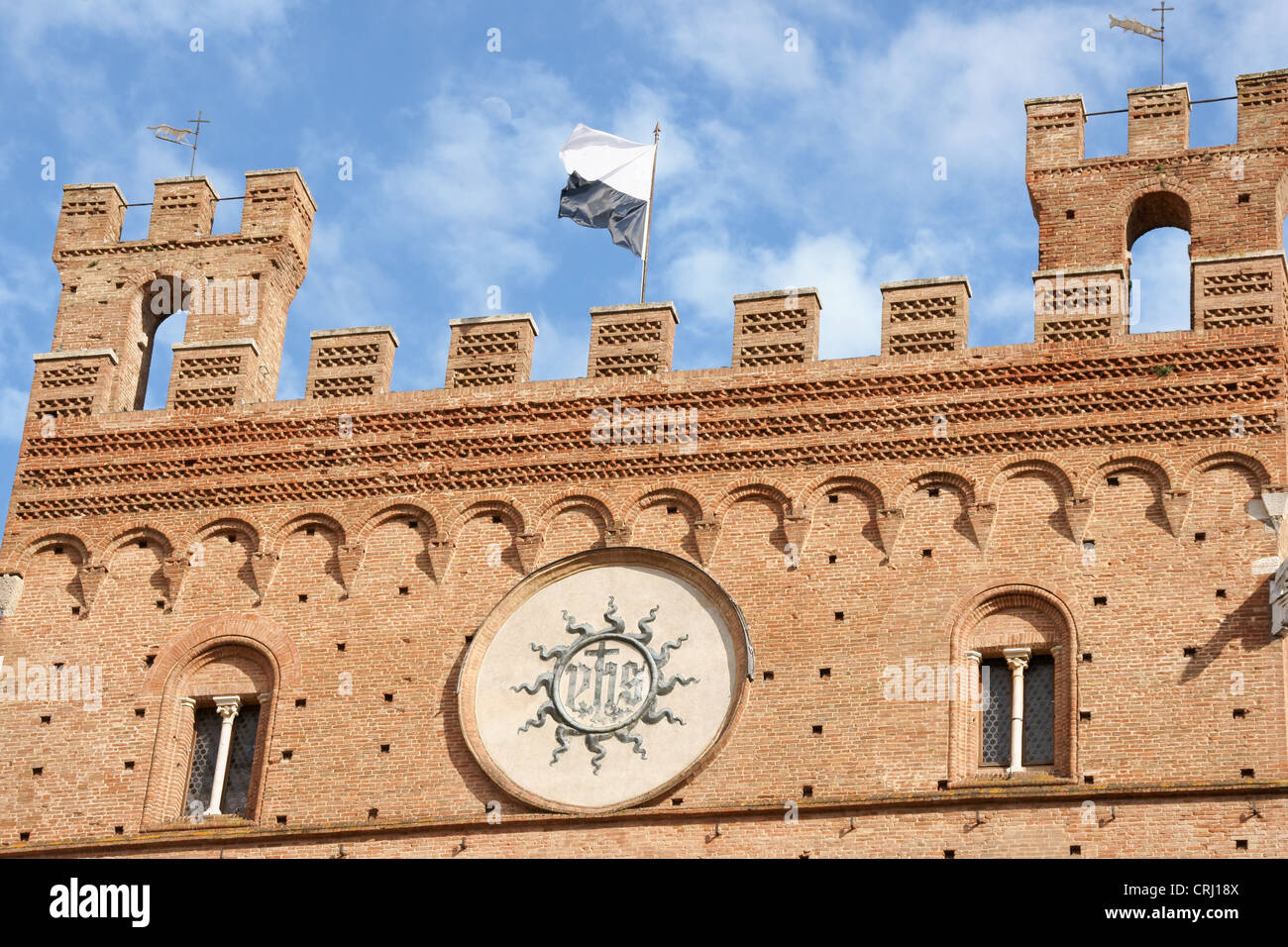 Detail der Siena Rathaus oder Palazzo Comunale in Piazza del Campo, Toskana, Italien. Stockfoto