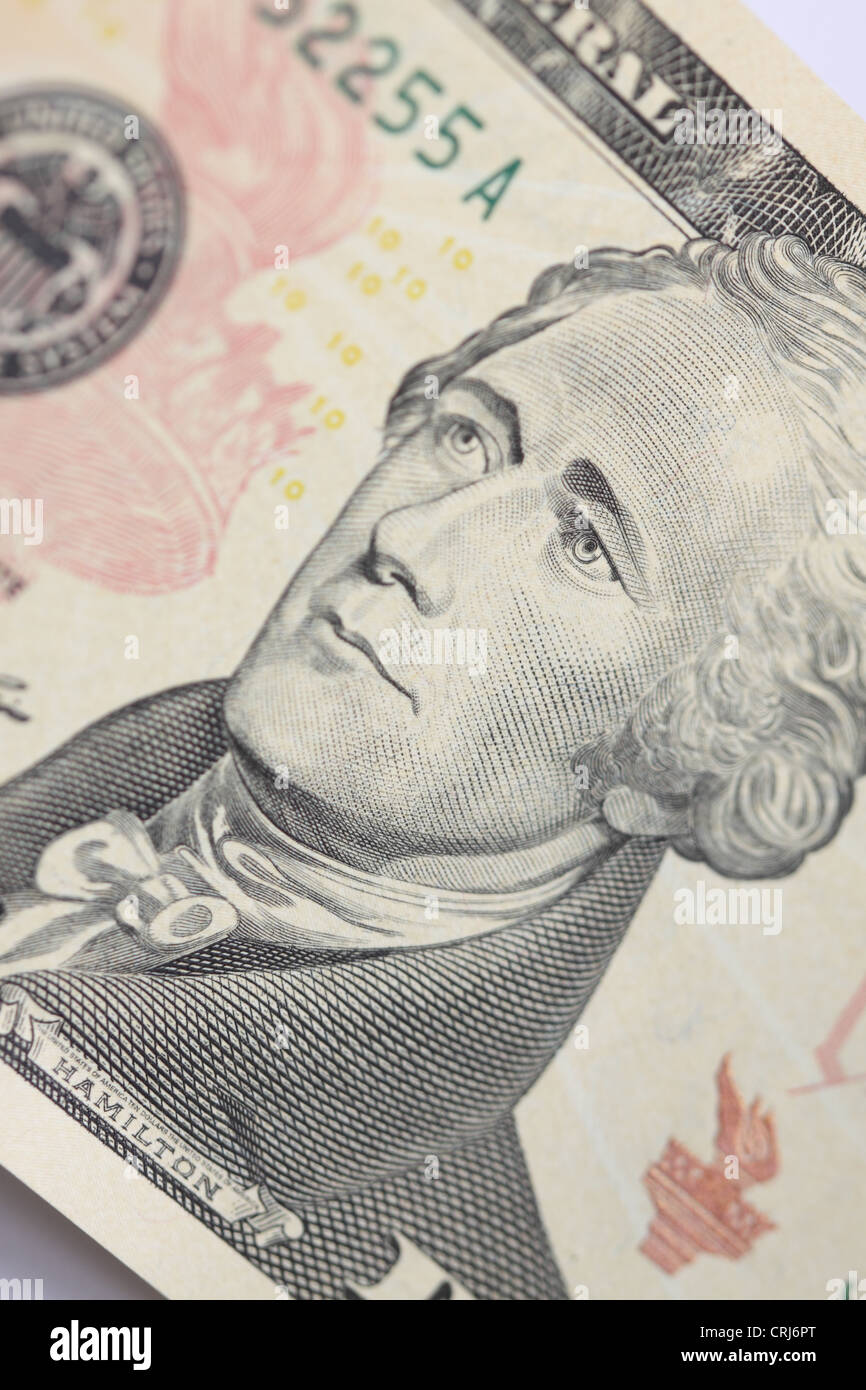 Alexander Hamilton der erste Sekretär des US-Finanzministeriums Porträts auf einer 10 US-Dollar Bill note Stockfoto