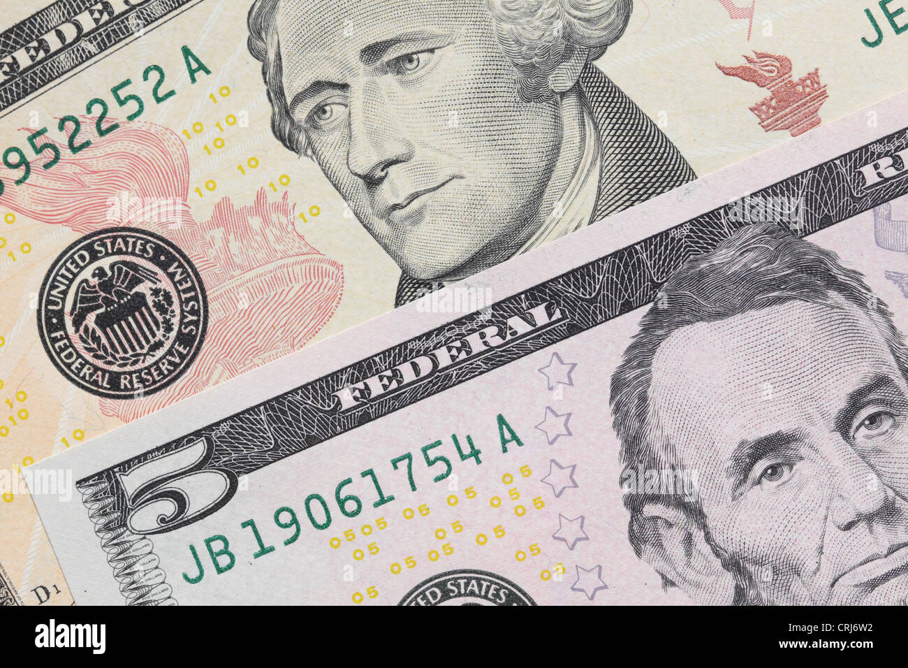 US-Dollar $5 und $10-Dollar-Rechnung Hinweis Hinweise Stockfoto