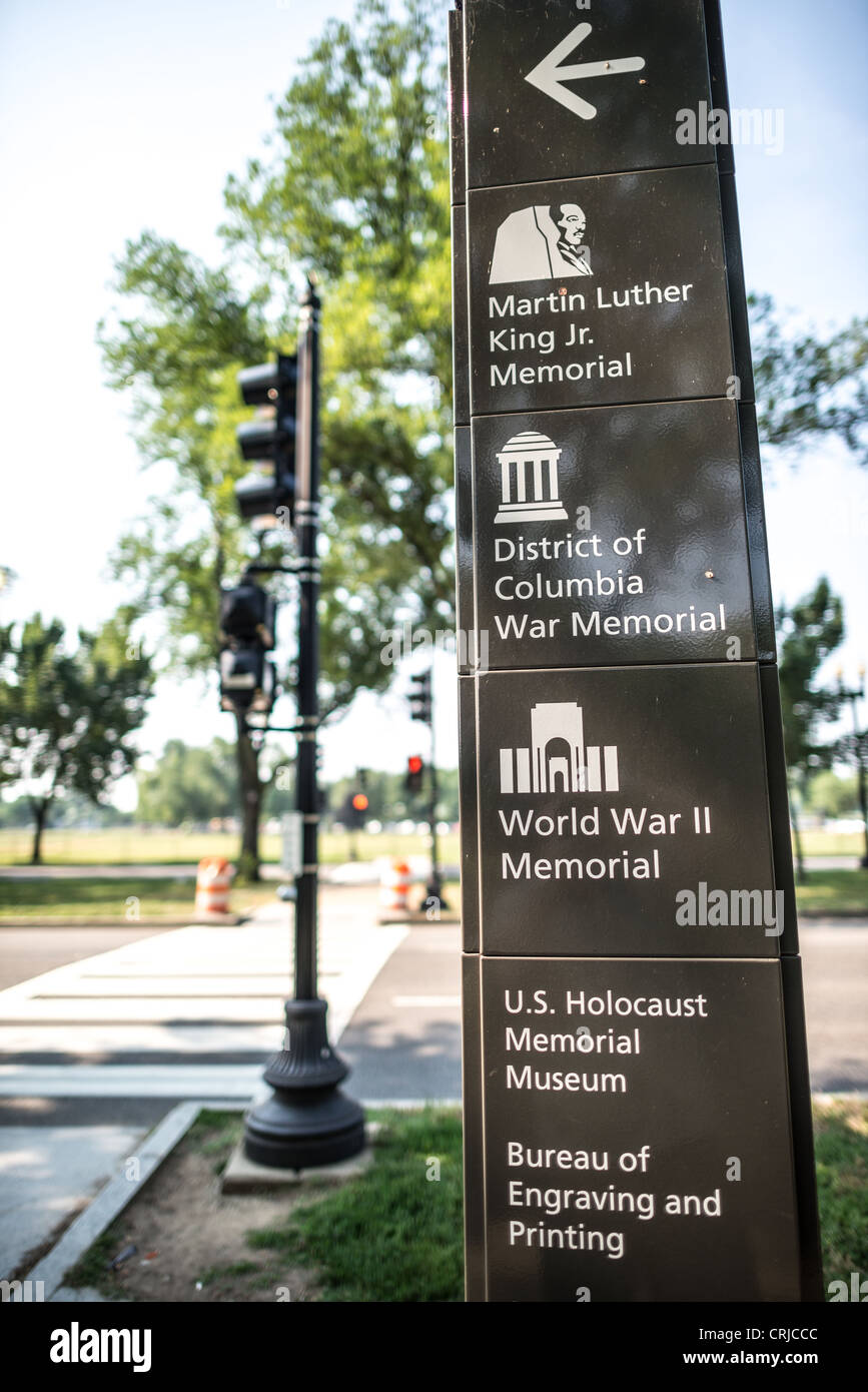 WASHINGTON DC, USA - National Mall Denkmäler unterzeichnen. Eine der neuen National Park Service Neben der National Mall, nahe gelegenen Sehenswürdigkeiten. Stockfoto