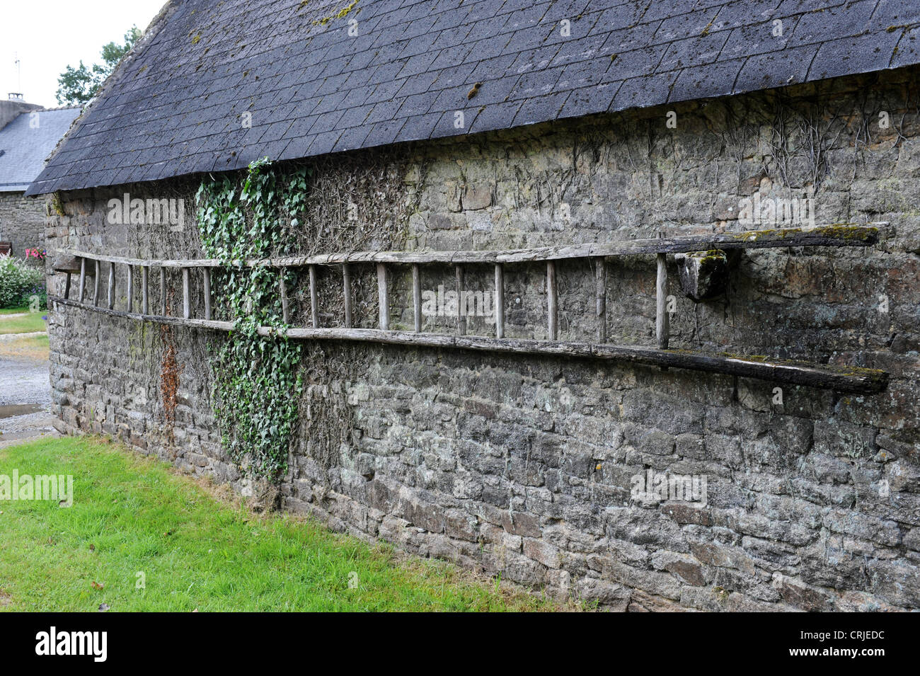 Alte Holzleitern auf Stein landwirtschaftliches Gebäude in Brittany France Stockfoto