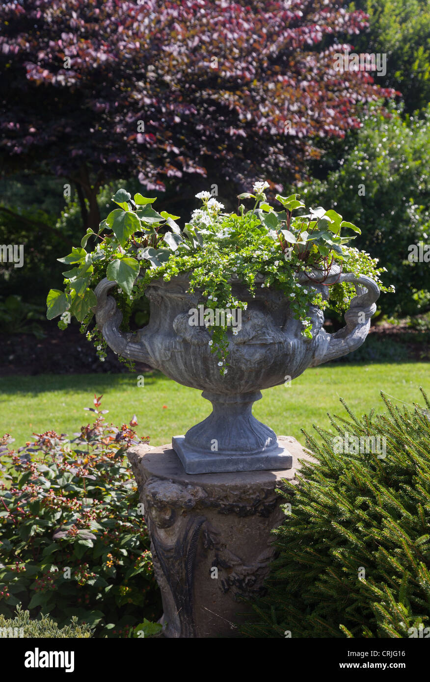 Kunstvoll geformten Stein Urne auf Säule mit Blätter im englischen Stil Garten Stockfoto