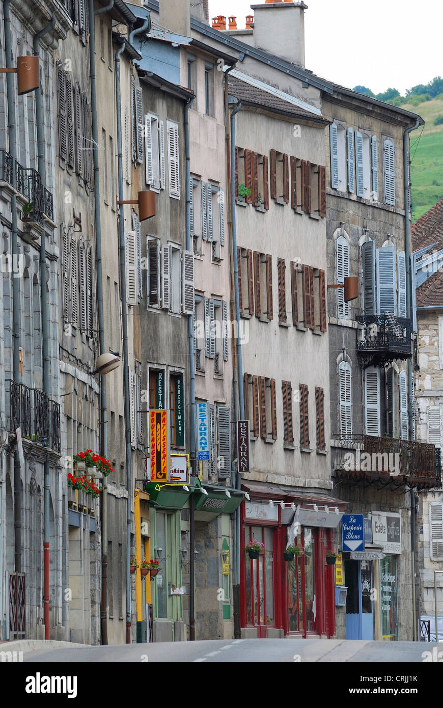 Reihe von Häusern, Franche-Comte, Jura, Salins-Les-Bains, Frankreich Stockfoto