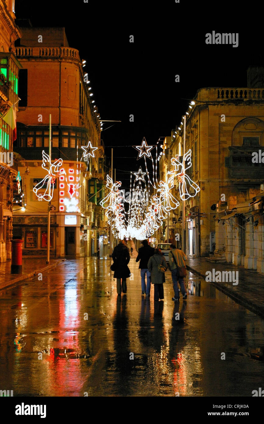 Hauptstraße von Valletta, bei Nacht, Malta, Valletta Stockfoto