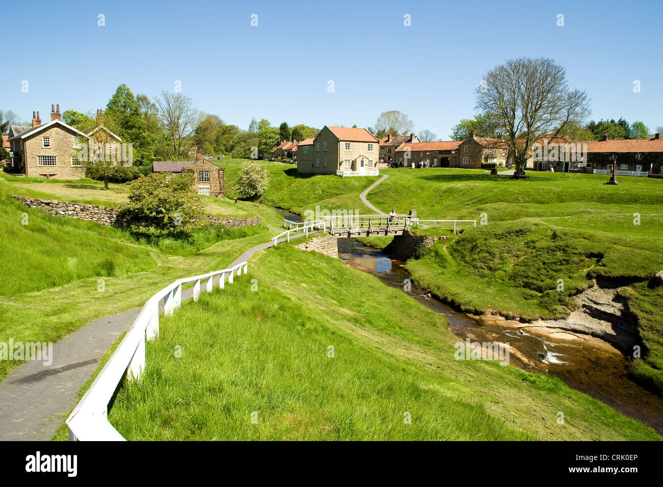 Traditionelle Steinhäuser Hutton-Le-Hole, North Yorks Moors Nationalpark, Yorkshire, England Stockfoto