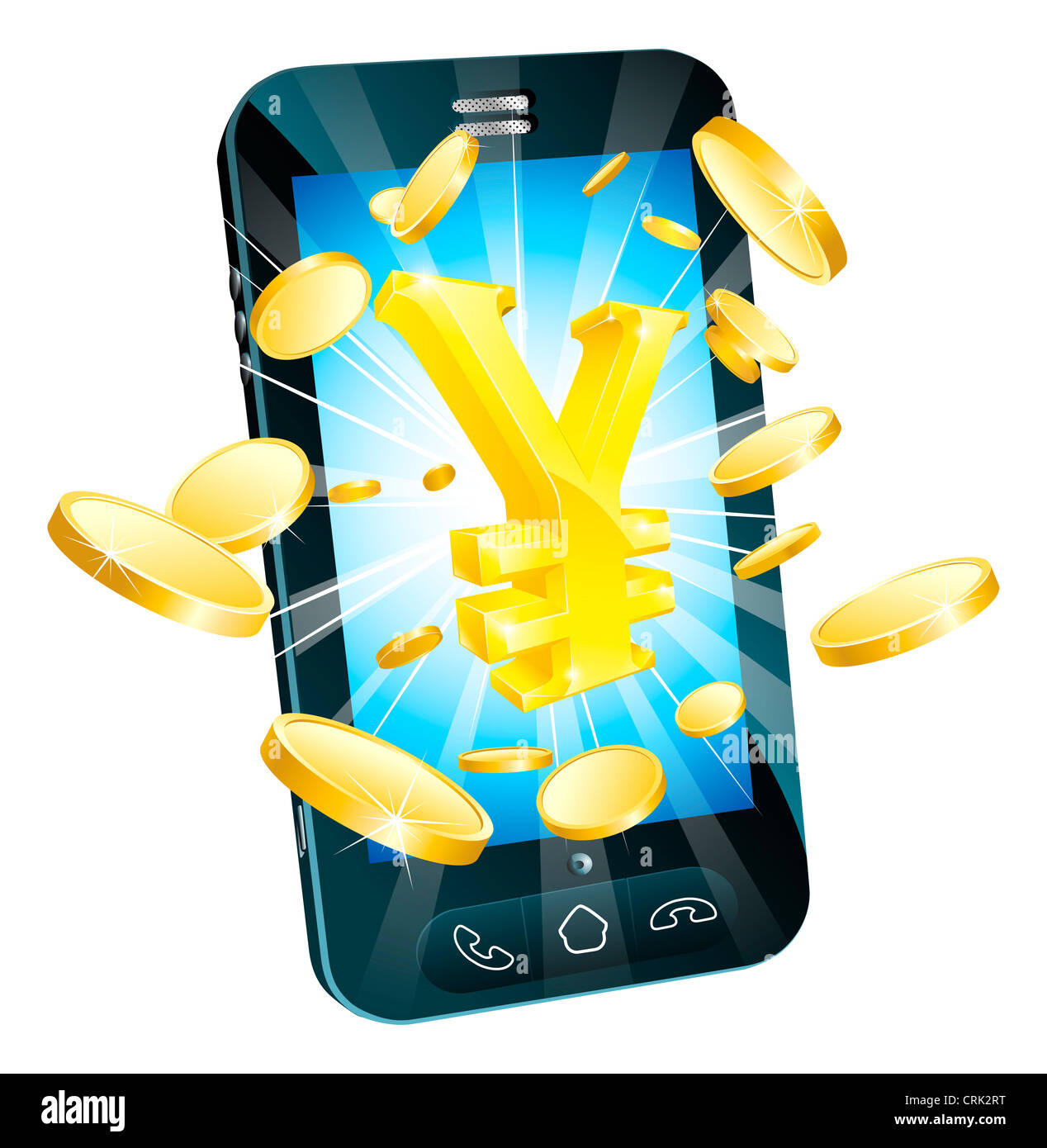 Yen Geld Telefon Concept Illustration des Handy mit Münzen und gold Yen-Zeichen Stockfoto