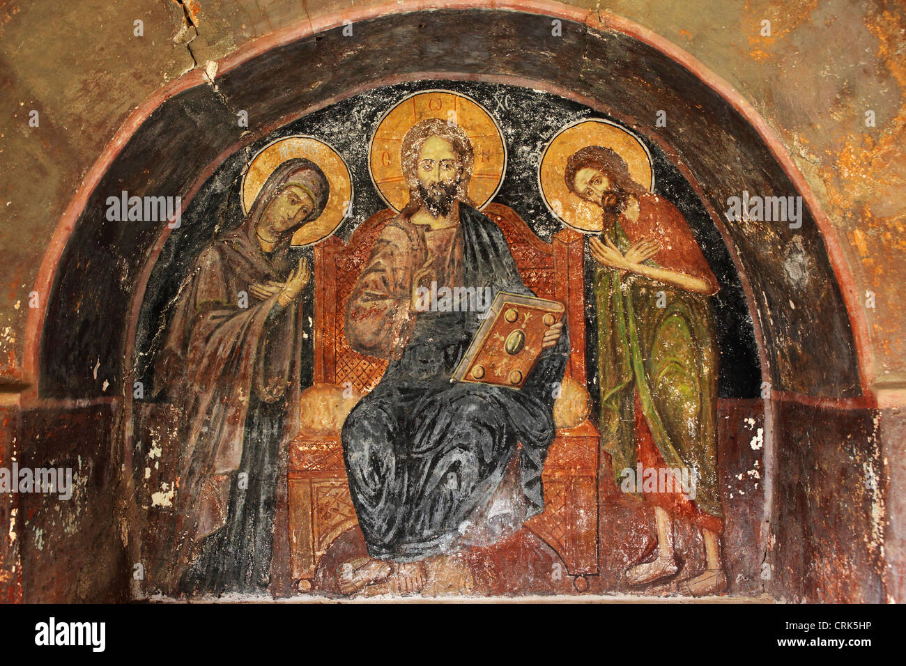 Peeling Fresken von Jesus Christus an einer Wand im großen Lawra Kloster, Berg Athos, Griechenland. Stockfoto