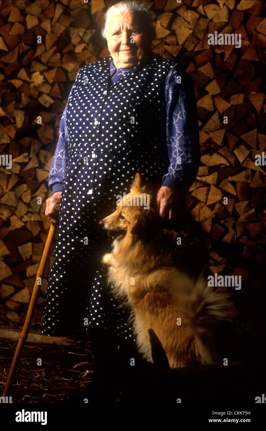 Einöd-Bauern mit Hofhund Holz vorrätig Stockfoto