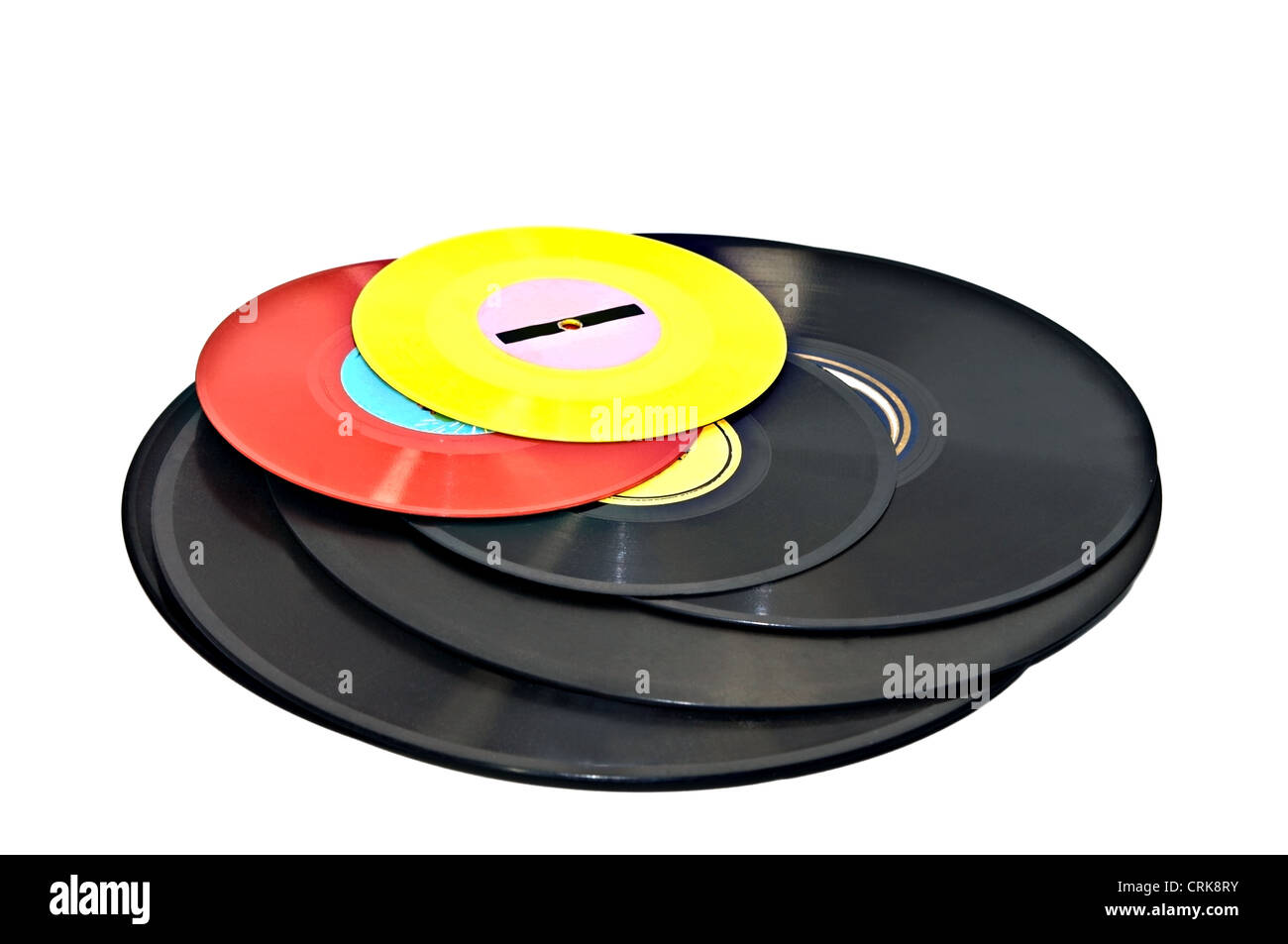 Alte Schallplatten, zwei Kindergeschichten in Farbe und Musik in schwarz. Stockfoto