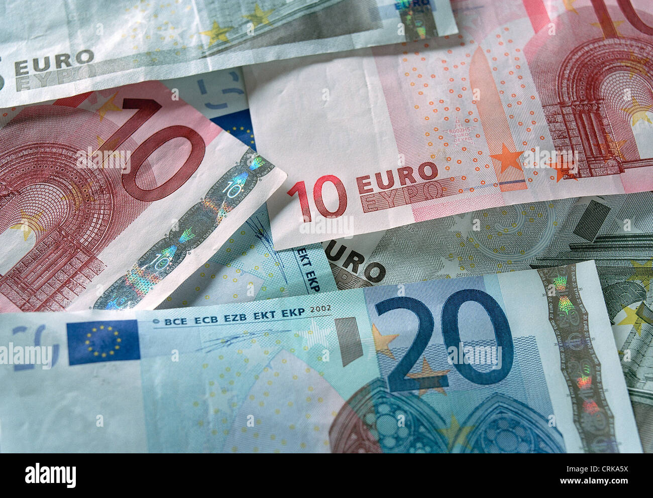 Euro-Banknoten auf fünf, zehn und zwanzig Euro Stockfoto