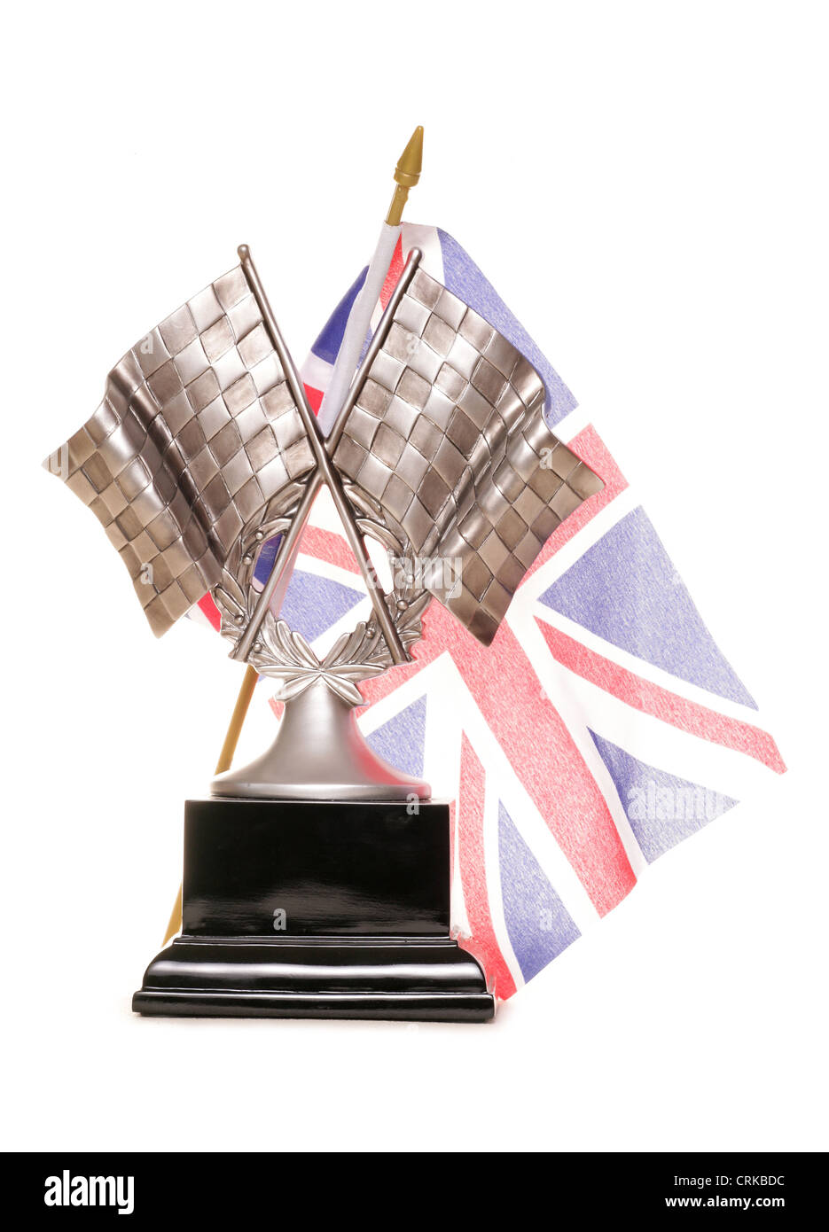 Racing Trophy und Union Jack Flagge auf weißem Hintergrund Stockfoto