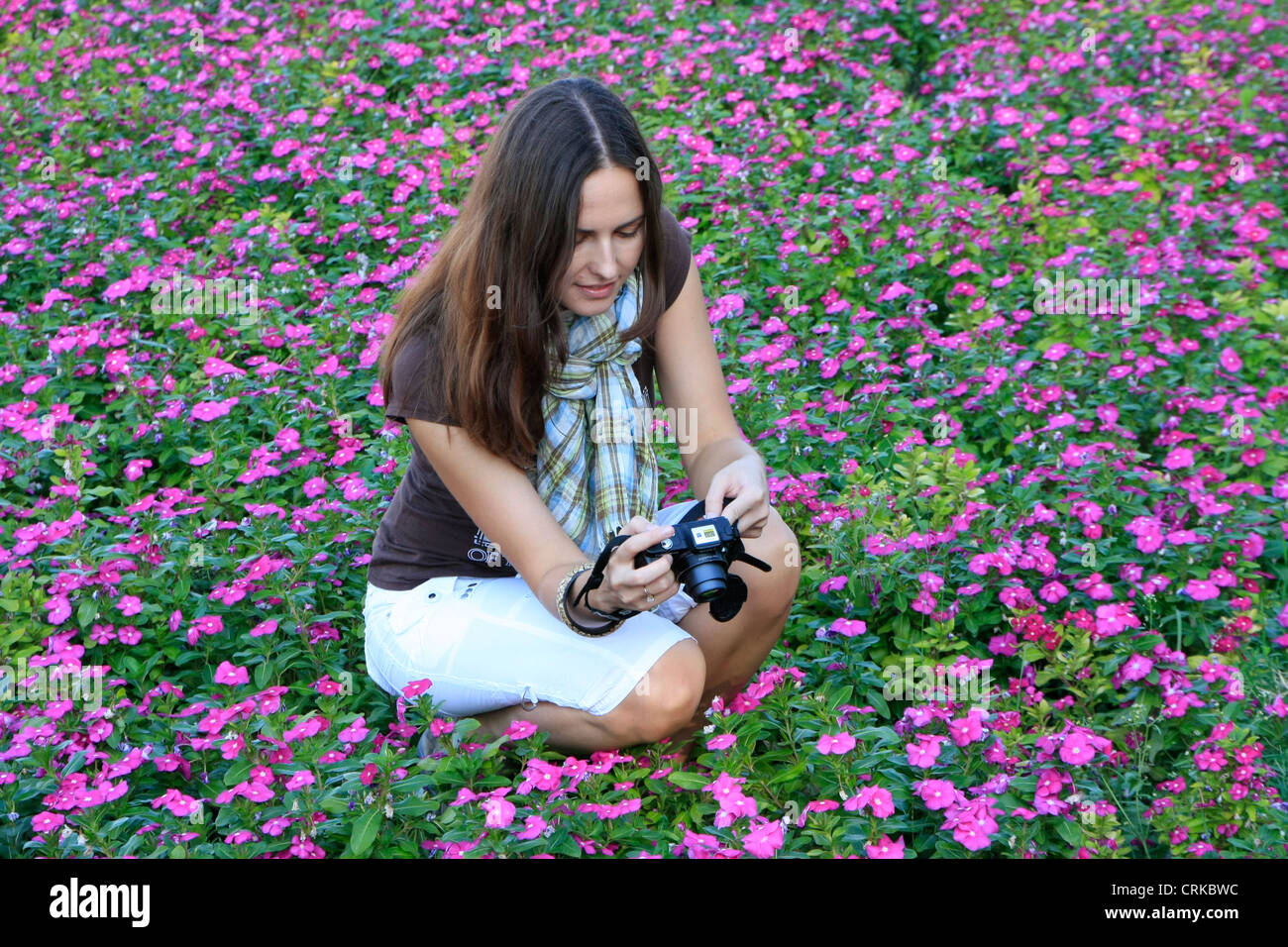 Junge Frau im Bett von Blumen Fotografieren, Belgrad, Serbien Stockfoto