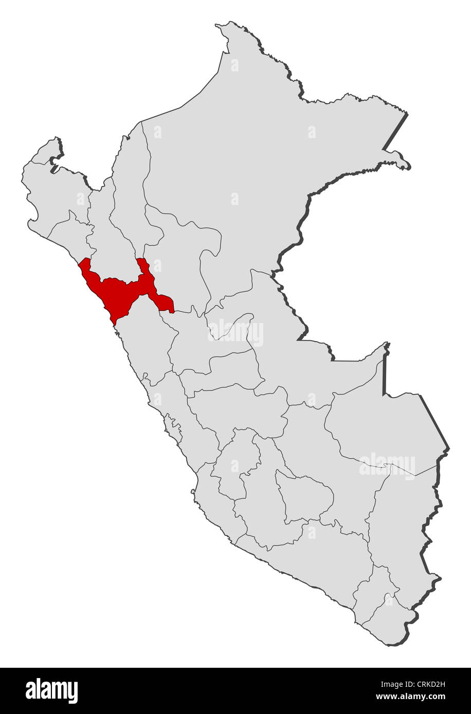 Politische Karte von Peru mit den verschiedenen Regionen wo La Libertad markiert ist. Stockfoto
