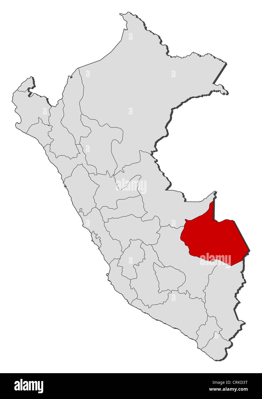 Politische Karte von Peru mit den verschiedenen Regionen wo Madre De Dios markiert ist. Stockfoto