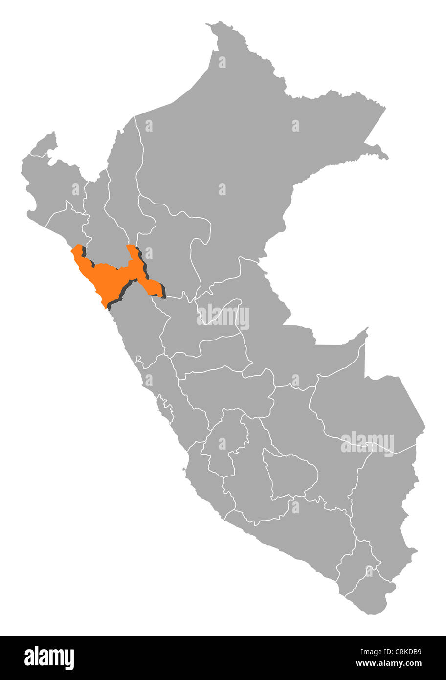 Politische Karte von Peru mit den verschiedenen Regionen wo La Libertad markiert ist. Stockfoto