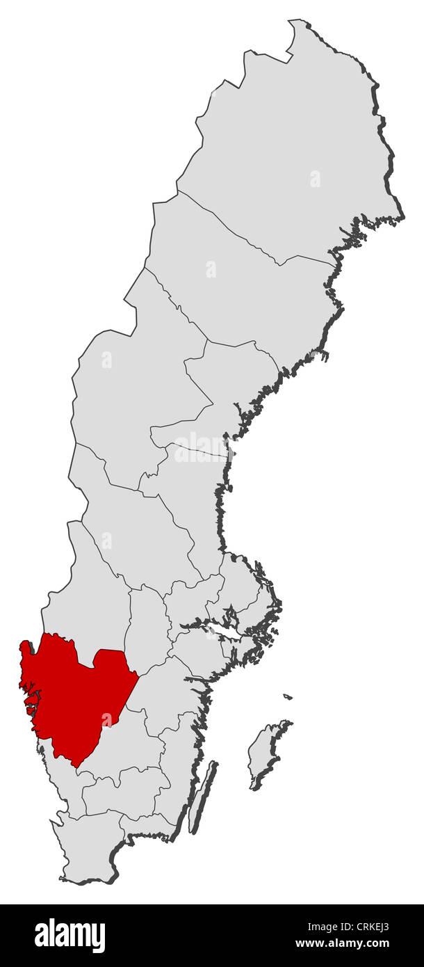 Politische Karte von Schweden mit den verschiedenen Provinzen Västra Götaland Grafschaft wo markiert ist. Stockfoto